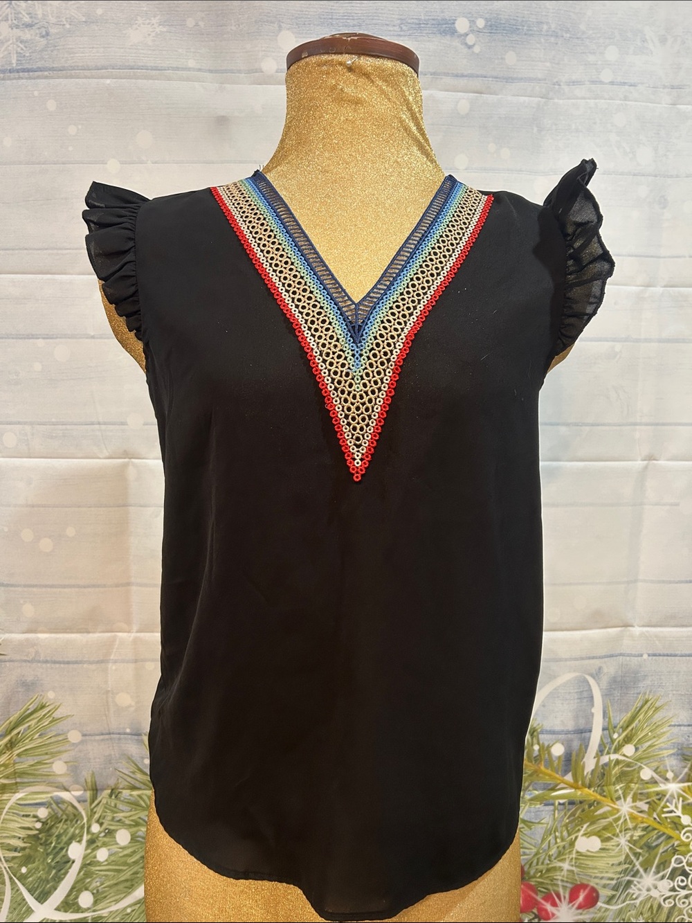 Black Flutter Sleeve Camisole with Colorful V-Detail